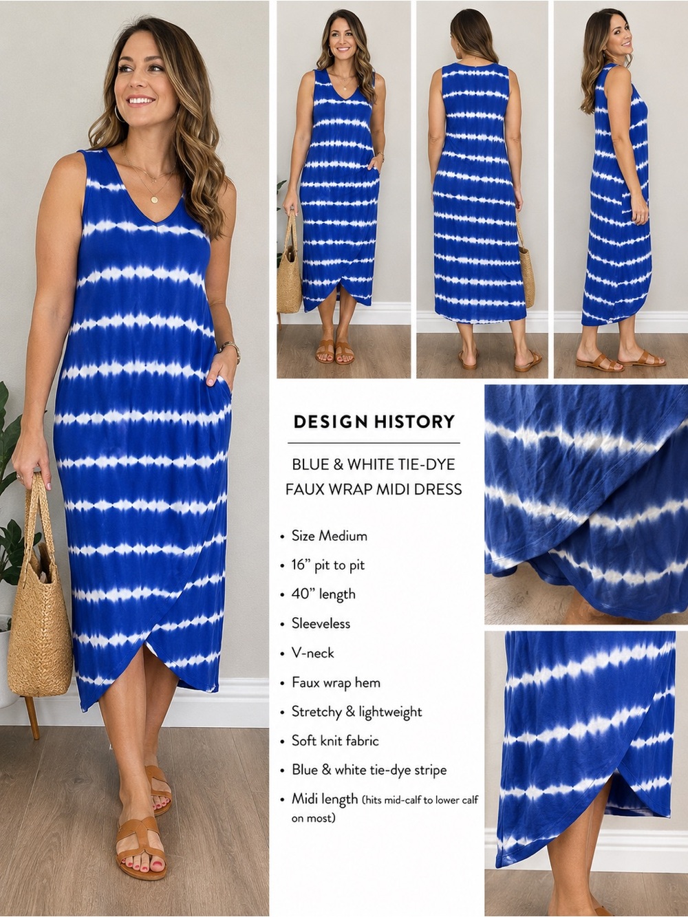 Design History Blue White Tie-Dye Sleeveless Maxi Dress Size M Stretch Knit - Picture 2 of 6